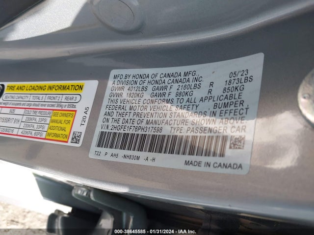 Honda Civic Ex /ex W/o Bsi 2023 2HGFE1F76PH317598 Image 9