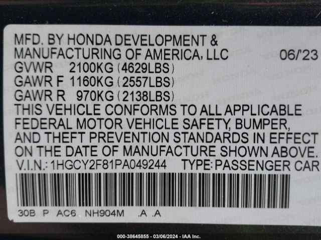 1HGCY2F81PA049244 Honda Accord Hybrid Touring