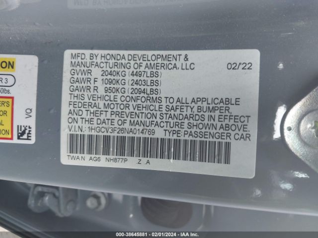 1HGCV3F26NA014769 Honda Accord Hybrid Sport