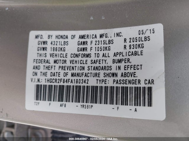 Honda Accord Ex-l 2015 1HGCR2F84FA180342 Image 9