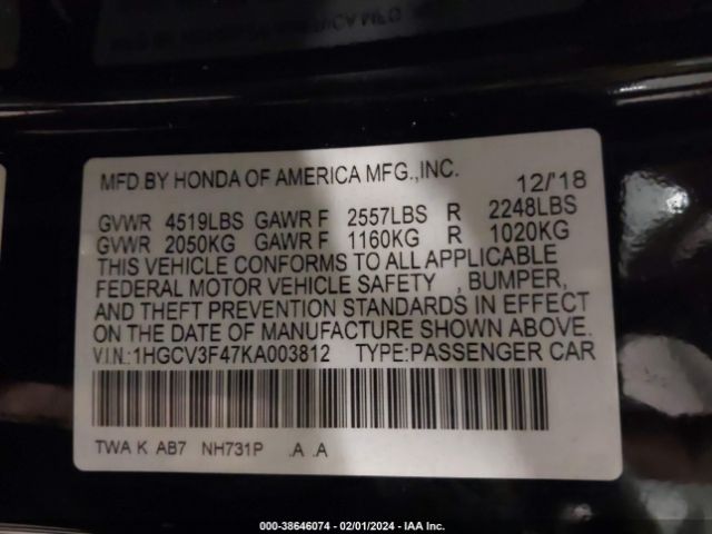 1HGCV3F47KA003812 Honda Accord Hybrid Ex