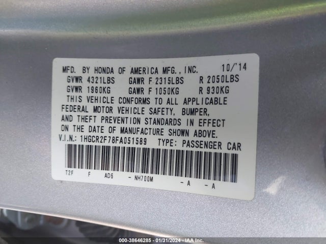 Honda ACCORD EX 2015 1HGCR2F78FA051589 Image 9