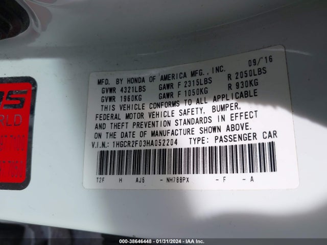 Honda ACCORD EX 2017 1HGCR2F03HA052204 Image 9