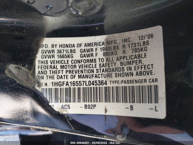 2007 HONDA CIVIC SDN 1HGFA16557L045364 Photo 8