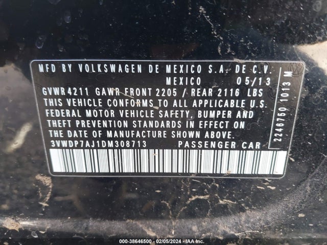 2013 VOLKSWAGEN JETTA 2.5L SE VIN: 3VWDP7AJ1DM308713