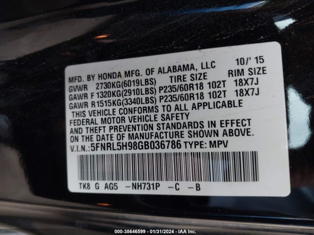 Honda Odyssey Touring/touring Elite 2016 5FNRL5H98GB036786 Image 9