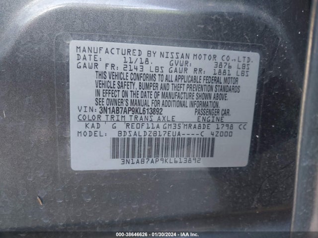 Nissan SENTRA SV 2019 3N1AB7AP9KL613892 Image 9