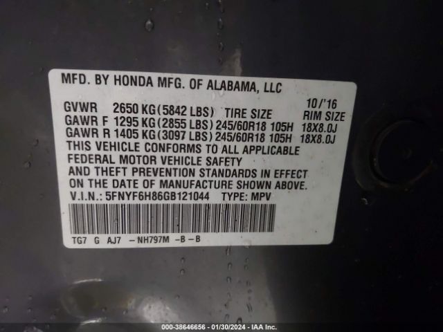 5FNYF6H86GB121044 Honda Pilot Ex-l
