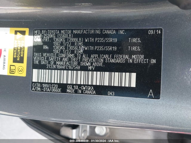 2015 LEXUS RX 350 VIN: 2T2ZK1BA4FC167548