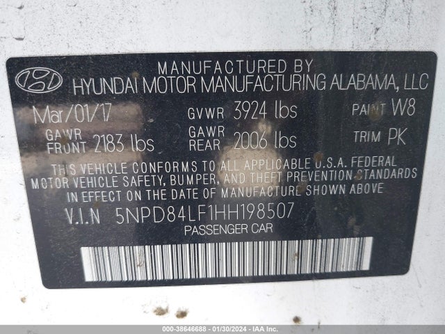 2017 HYUNDAI ELANTRA SE VIN: 5NPD84LF1HH198507