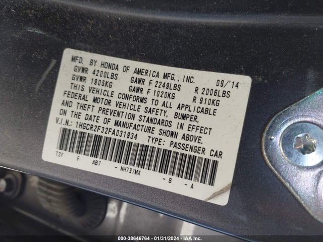 Honda ACCORD LX 2015 1HGCR2F32FA031934 Image 9