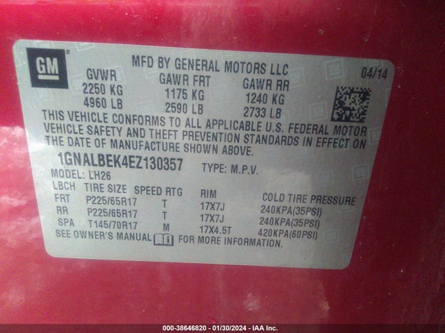 Chevrolet EQUINOX 1LT 2014 1GNALBEK4EZ130357 Image 9