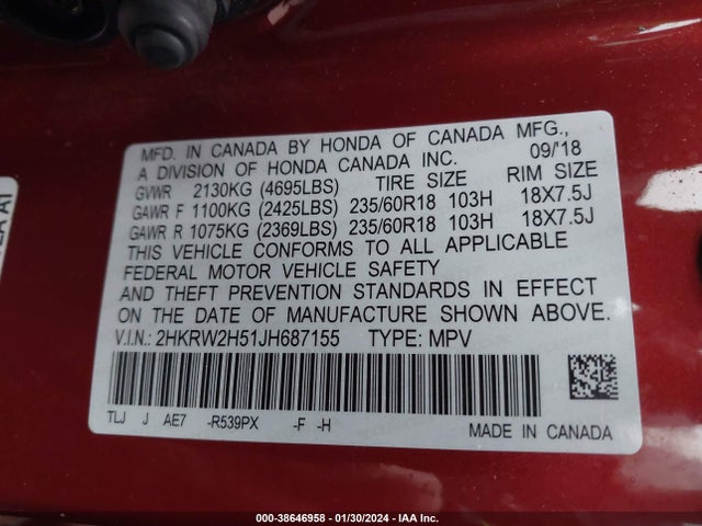 Honda CR-V EX 2018 2HKRW2H51JH687155 Image 9