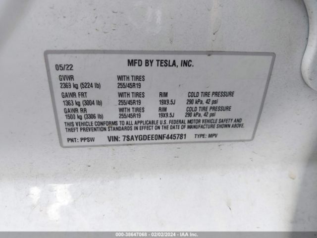 2022 TESLA MODEL Y 7SAYGDEE0NF445781 Photo 8