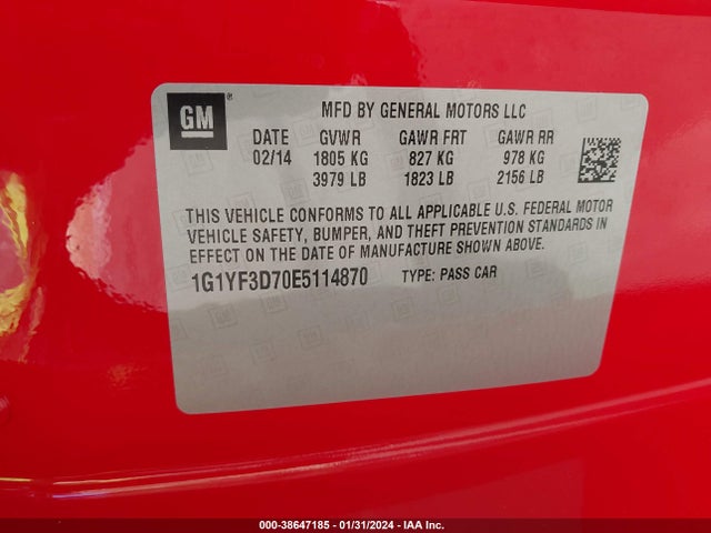 Chevrolet CORVETTE STINGRAY 2014 1G1YF3D70E5114870 Image 9
