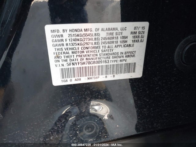 Honda Pilot Ex-l 2016 5FNYF5H70GB009163 Image 9