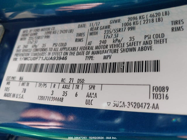 Ford ESCAPE S 2018 1FMCU0F71JUA93946 Image 9