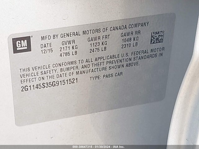 Chevrolet IMPALA 2LZ 2016 2G1145S35G9151521 Image 9