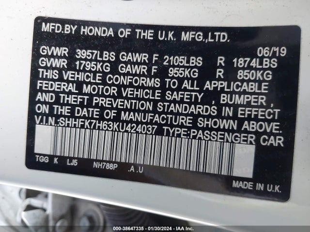 Honda CIVIC EX 2019 SHHFK7H63KU424037 Image 9