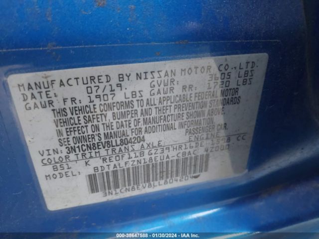 3N1CN8EV8LL804204 Nissan Versa Sv Xtronic Cvt