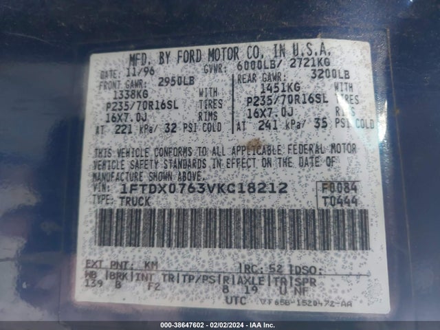 1997 FORD F-150 STANDARD LARIAT/STANDARD/XL/XLT VIN: 1FTDX0763VKC18212