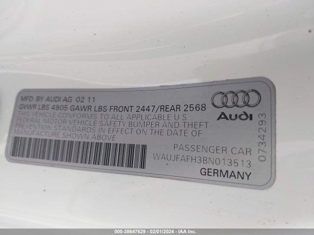 2011 AUDI A5 2.0T PREMIUM VIN: WAUJFAFH3BN013513