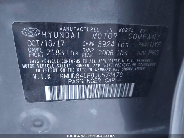 2018 HYUNDAI ELANTRA SEL VIN: KMHD84LF8JU574479