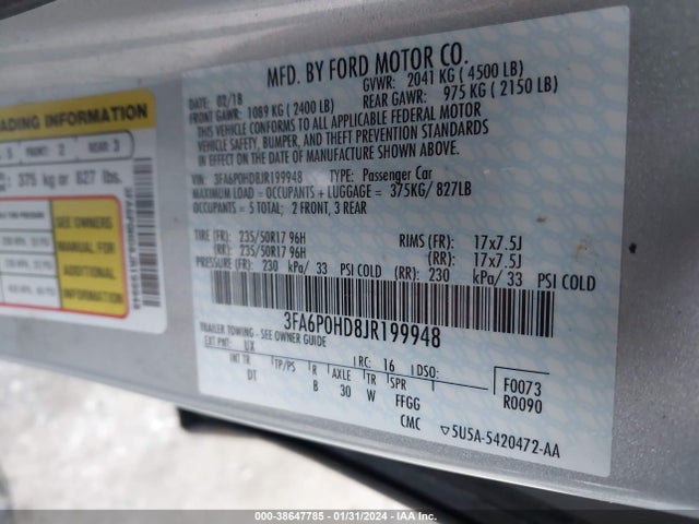 Ford FUSION SE 2018 3FA6P0HD8JR199948 Image 9