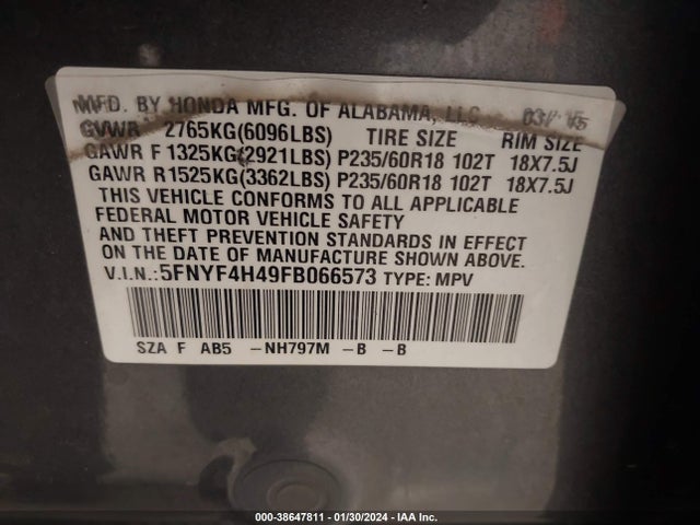 Honda Pilot Ex 2015 5FNYF4H49FB066573 Image 9