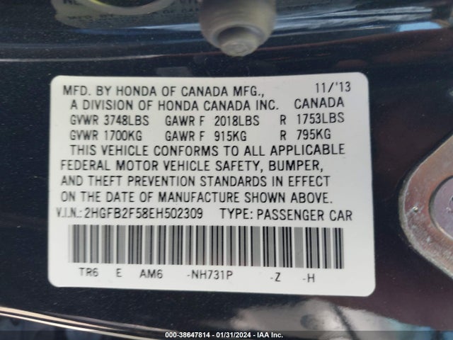 Honda Civic Lx 2014 2HGFB2F58EH502309 Image 9