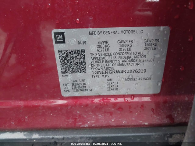Chevrolet Traverse 1lt 2019 1GNERGKW4KJ276319 Image 9