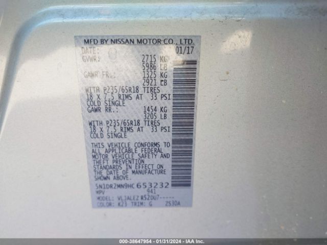 5N1DR2MN9HC653232 Nissan Pathfinder Sv