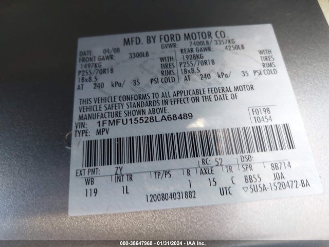2008 FORD EXPEDITION XLT VIN: 1FMFU15528LA68489