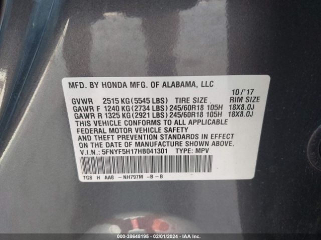 5FNYF5H17HB041301 Honda PILOT LX