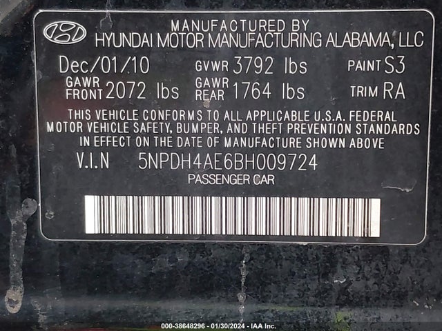 2011 HYUNDAI ELANTRA GLS VIN: 5NPDH4AE6BH009724