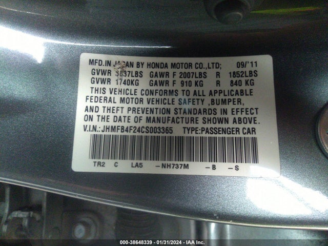 2012 HONDA CIVIC HYBRID VIN: JHMFB4F24CS003365