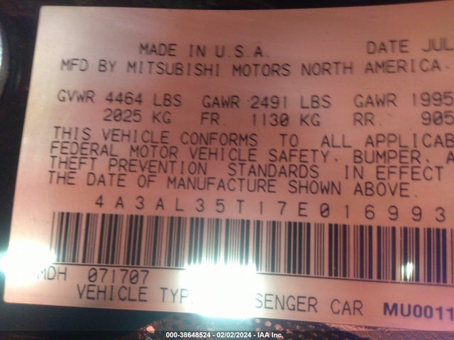 2007 MITSUBISHI ECLIPSE SPYDER GT VIN: 4A3AL35T17E016993