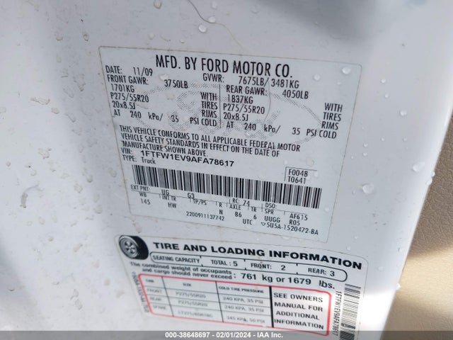 2010 FORD F-150 FX4/LARIAT/XL/XLT VIN: 1FTFW1EV9AFA78617