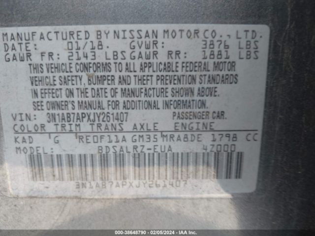 3N1AB7APXJY261407 Nissan SENTRA SR