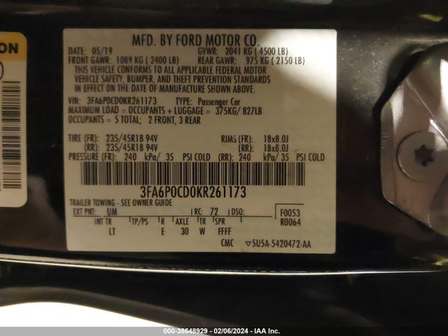 Ford FUSION SEL 2019 3FA6P0CD0KR261173 Image 9