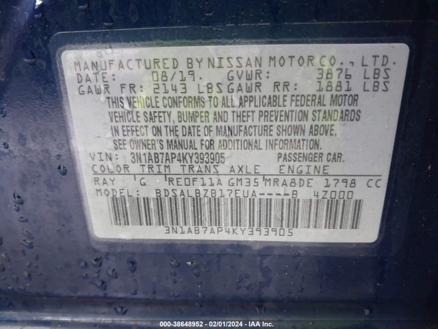 38648952 :رقم المزاد ، 3N1AB7AP4KY393905 vin ، 2019 Nissan Sentra S مزاد بيع