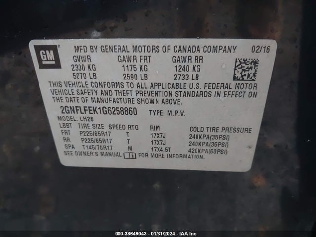 Chevrolet EQUINOX LT 2016 2GNFLFEK1G6258860 Image 9