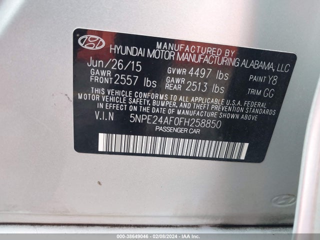 Hyundai SONATA SE 2015 5NPE24AF0FH258850 Image 9