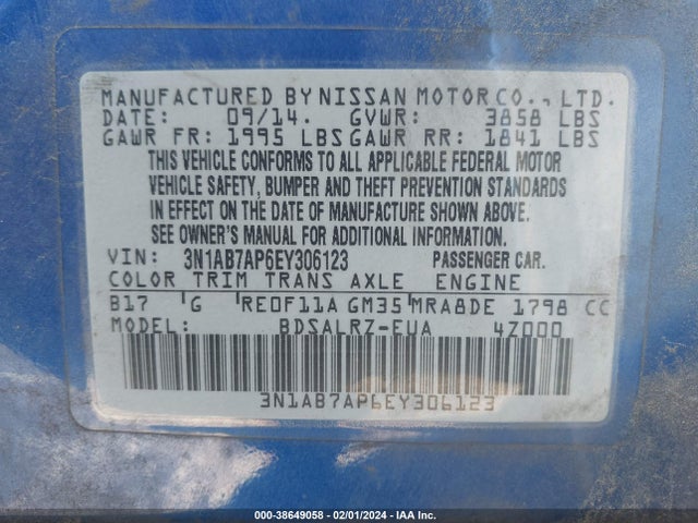 2014 NISSAN SENTRA SR VIN: 3N1AB7AP6EY306123