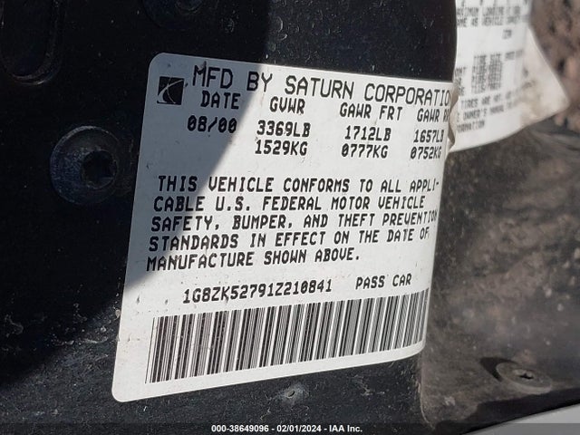 2001 SATURN SL2 VIN: 1G8ZK52791Z210841
