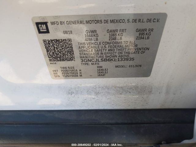3GNCJLSB6KL133935 Chevrolet Trax Lt