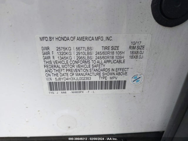 Acura MDX 2018 5J8YD4H3XJL002353 Image 9
