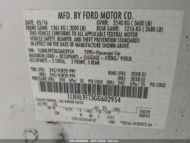 1LNHL9FT3GG602954 Lincoln Mks Ecoboost
