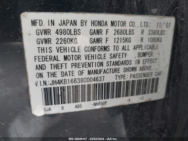 2008 ACURA RL 3.5 VIN: JH4KB16638C004637