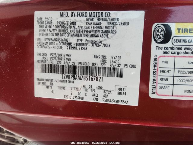 2011 FORD MUSTANG 1ZVBP8AM7B5167821 Photo 8